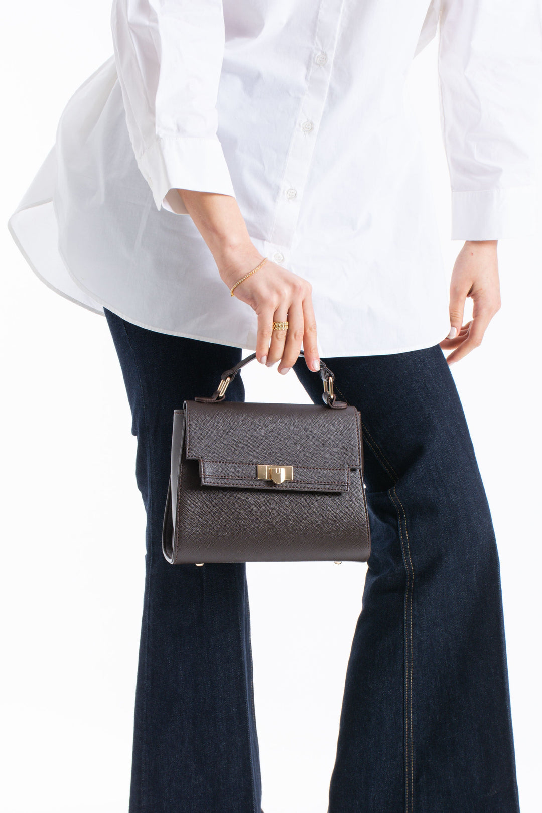 Pu Leather Top Handle Satchel Crossbody Bag - Brown
