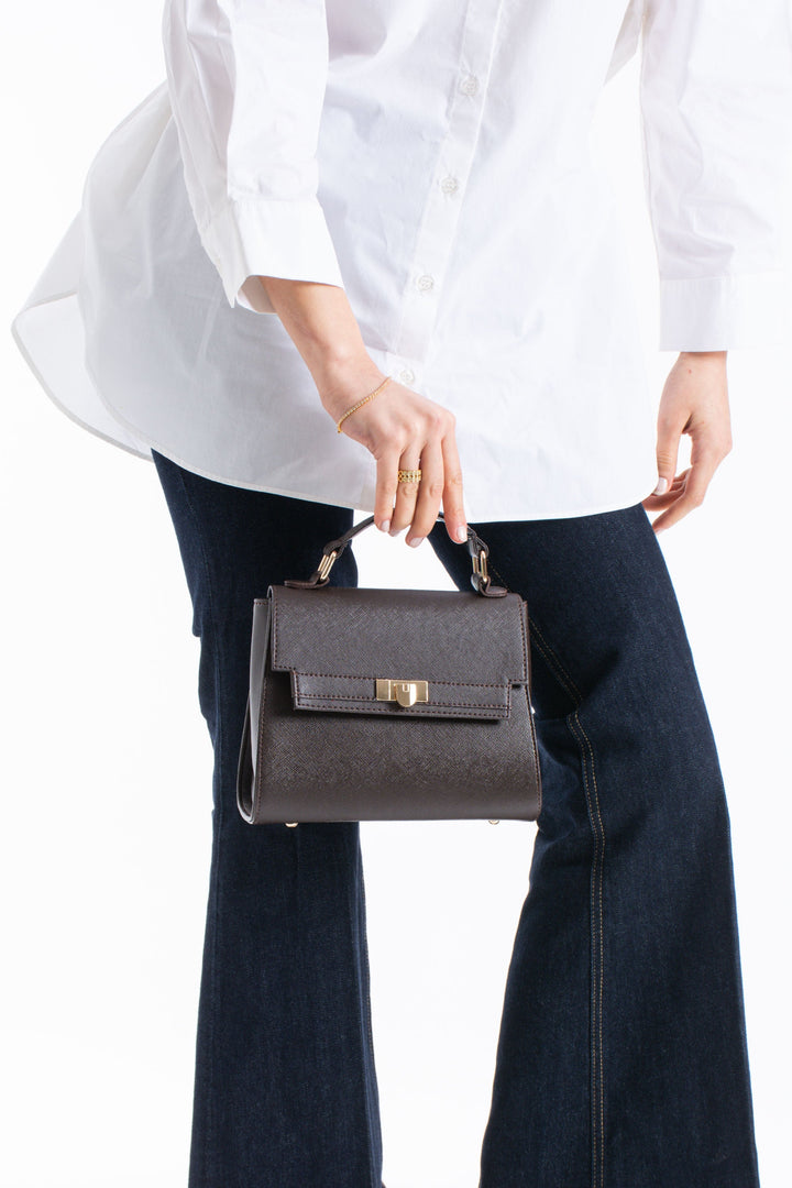 Pu Leather Top Handle Satchel Crossbody Bag - Brown
