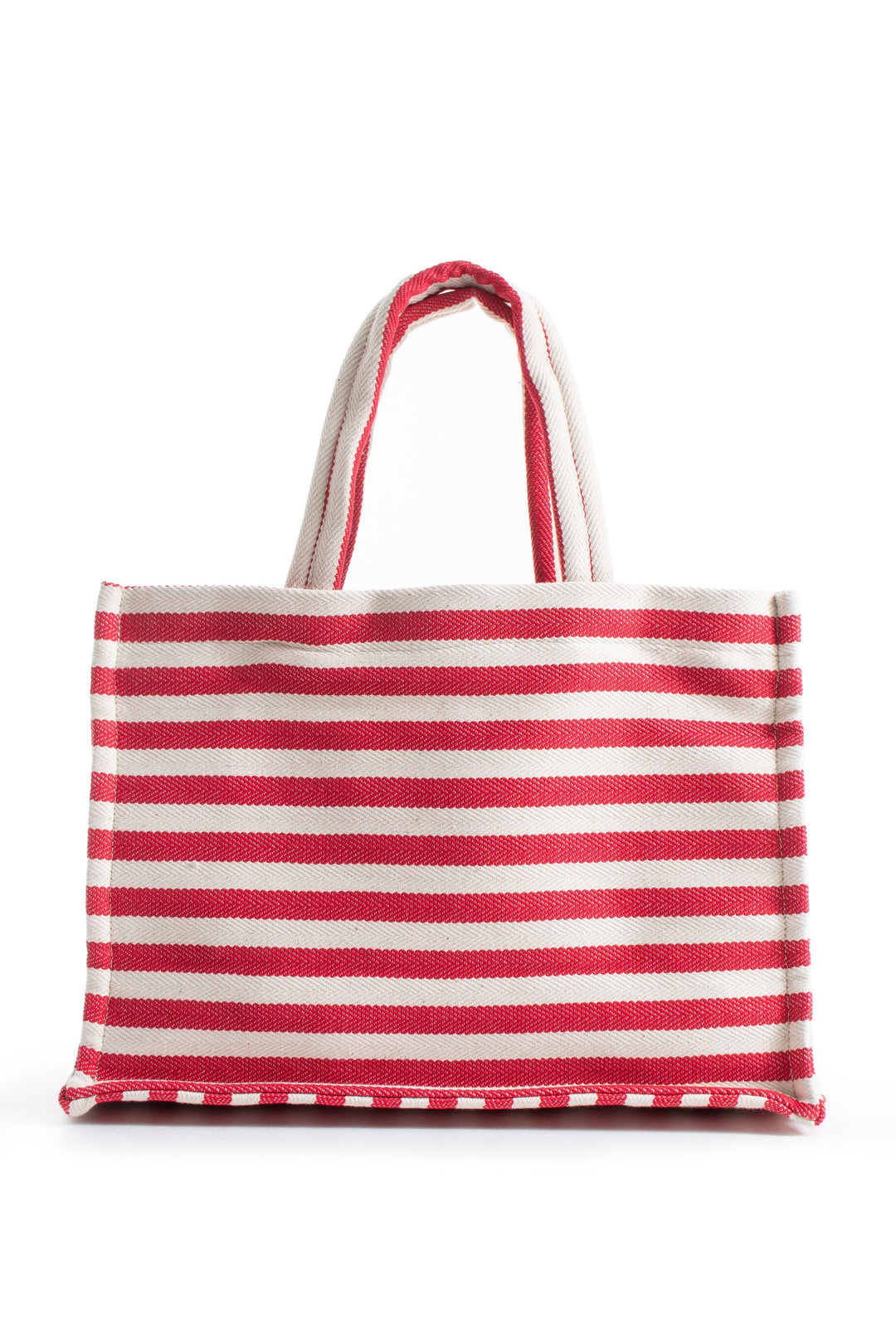 Striped Canvas Summer Tote Bag  with Matching Zipper Pouch 2 Pcs Set - Red
