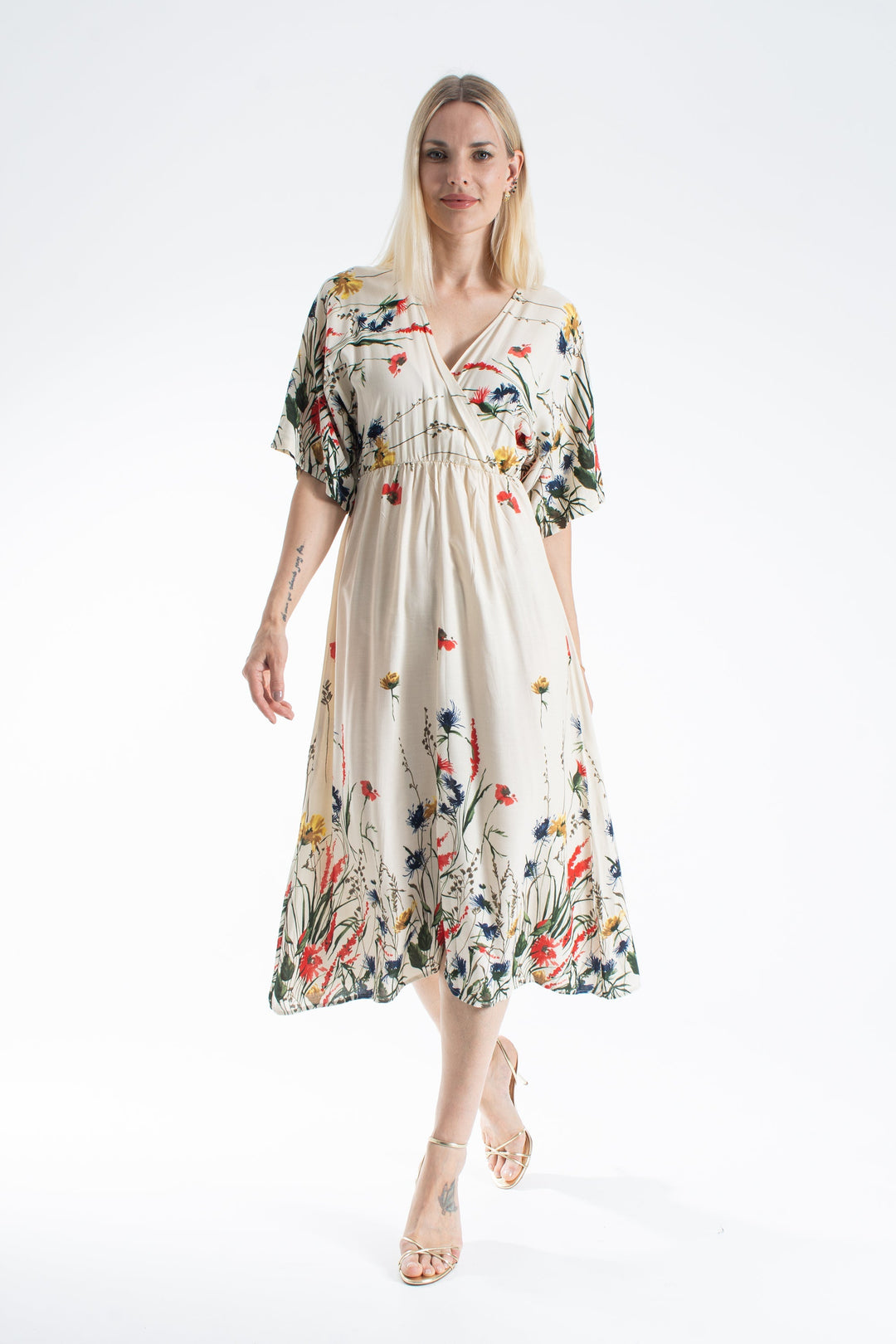 Womens Viscose Floral Print V Neck Short Sleeve Midi Dress