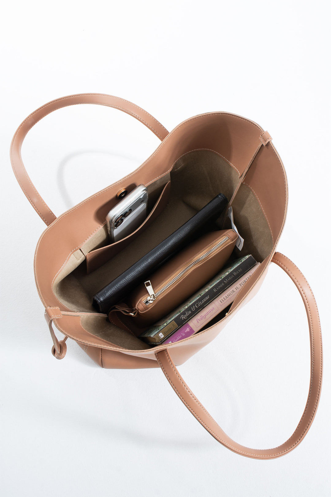 Pu Leather Large Tote Bag with Matching Zipper Pouch  2PCS Set - Nude