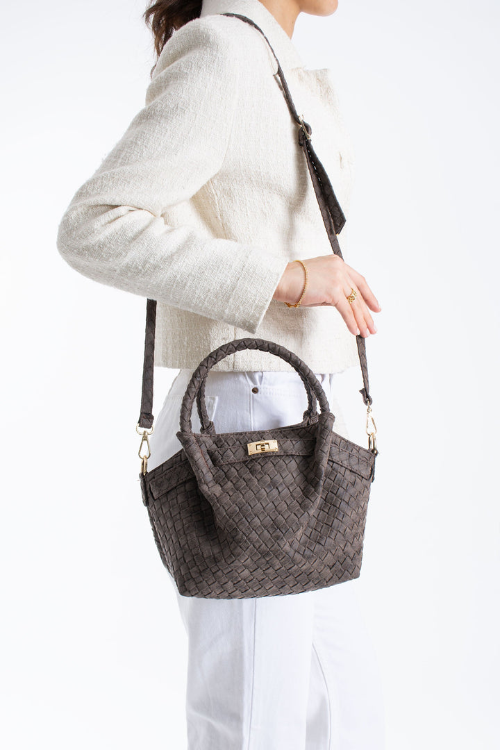Woven Suede Top Handle Crossbody Bag with Twist Lock Detail - Brown