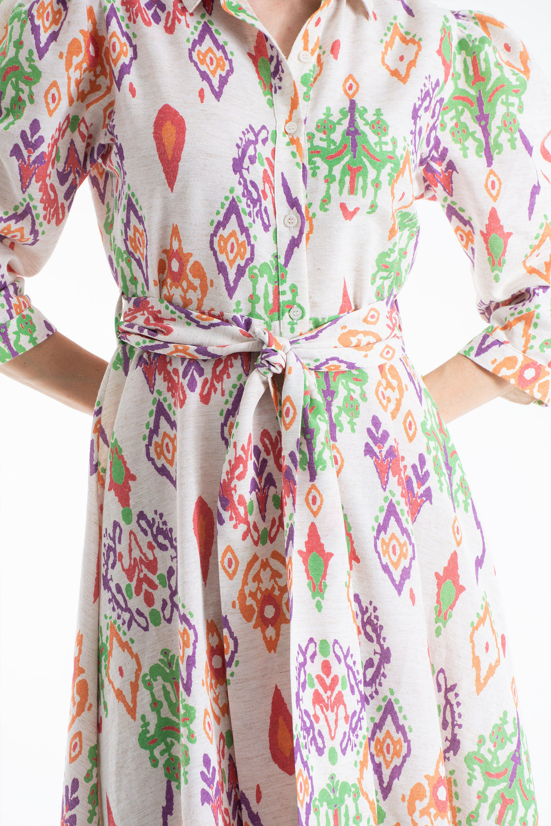 Women’s Linen Blend Ornamental Print Midi Shirt Dress - Lilac
