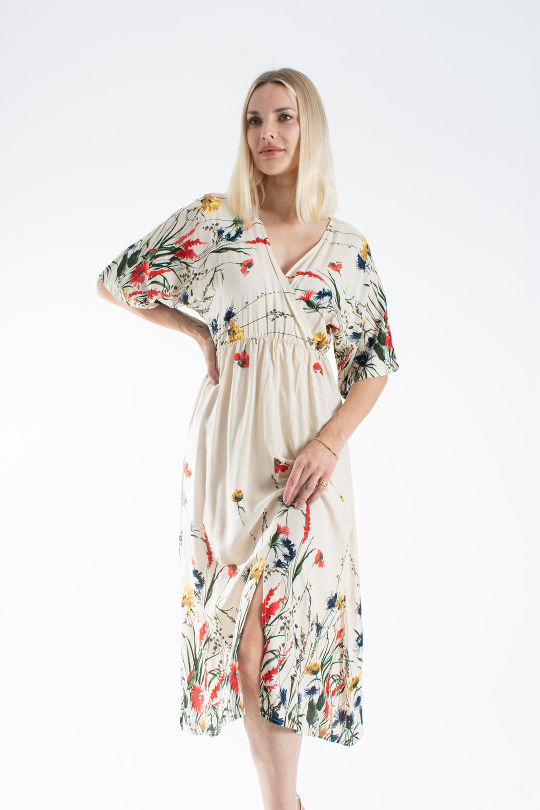 Womens Viscose Floral Print V Neck Short Sleeve Midi Dress