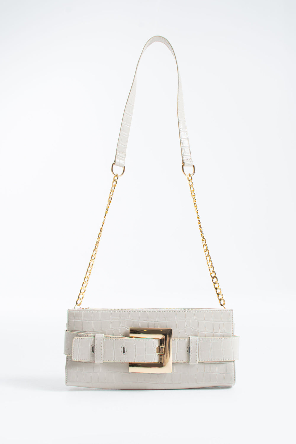 Croc PU Leather Shoulder & Clutch Bag with Large Gold Buckle - Cream