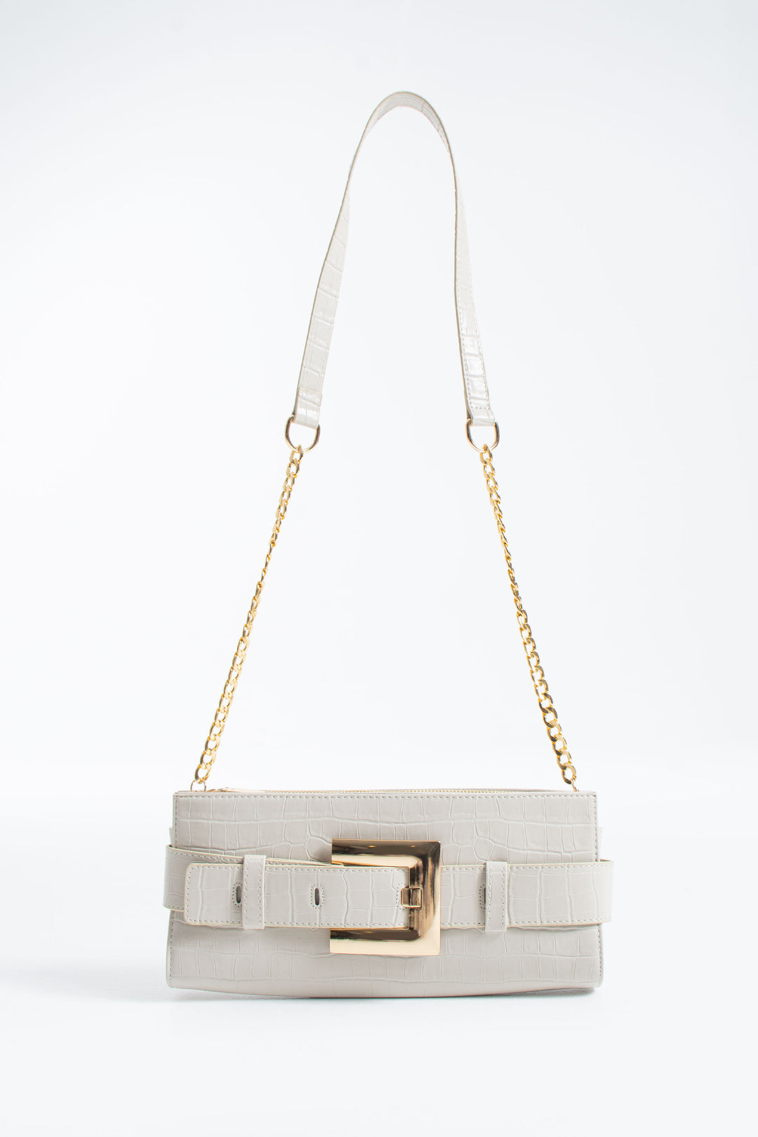 Croc PU Leather Shoulder & Clutch Bag with Large Gold Buckle - Cream