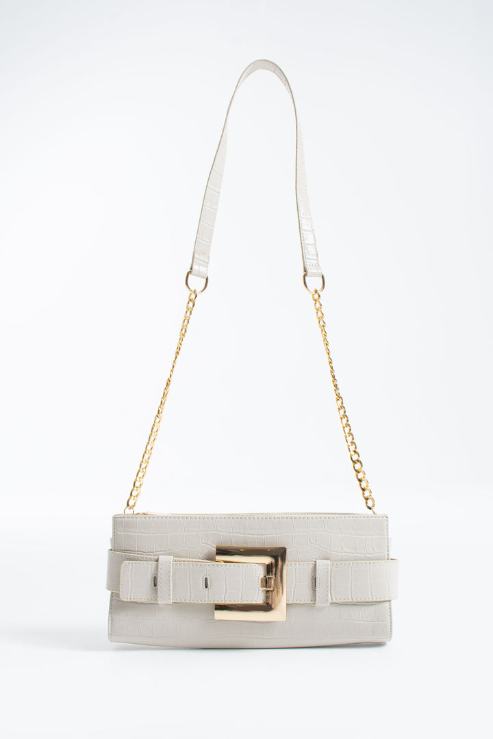 Croc PU Leather Shoulder & Clutch Bag with Large Gold Buckle - Cream
