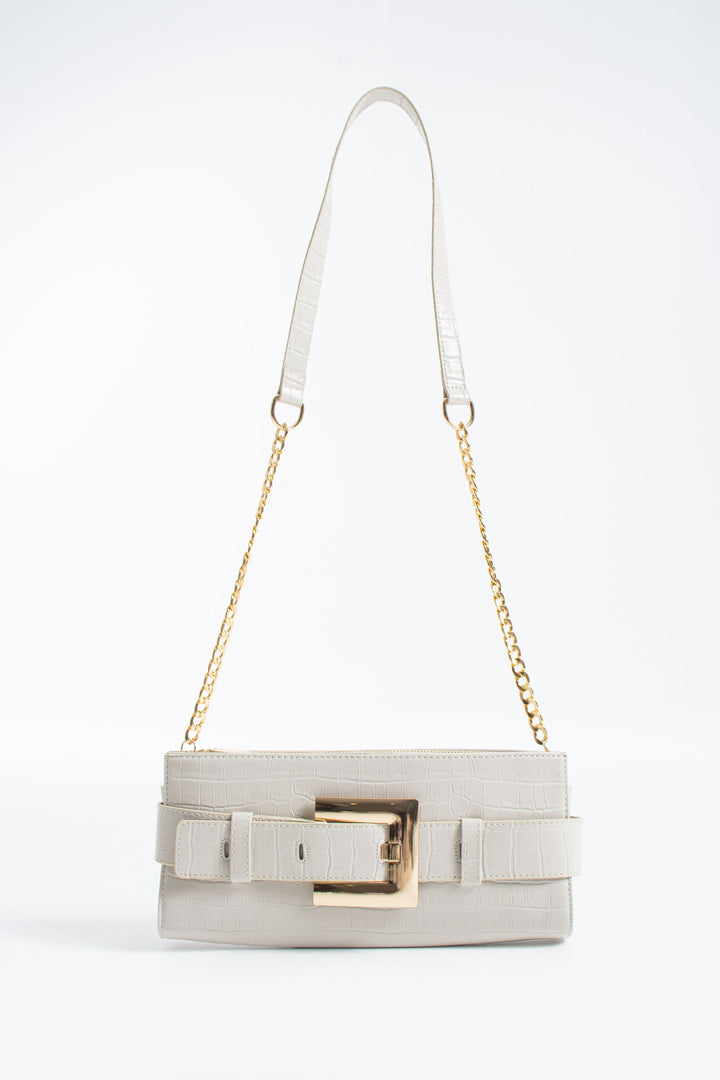 Croc PU Leather Shoulder & Clutch Bag with Large Gold Buckle - Cream