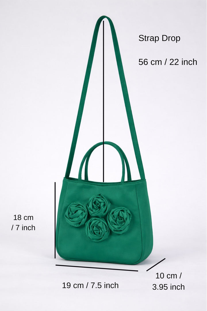 Floral Satin Handbag with Detachable Crossbody Strap - Green