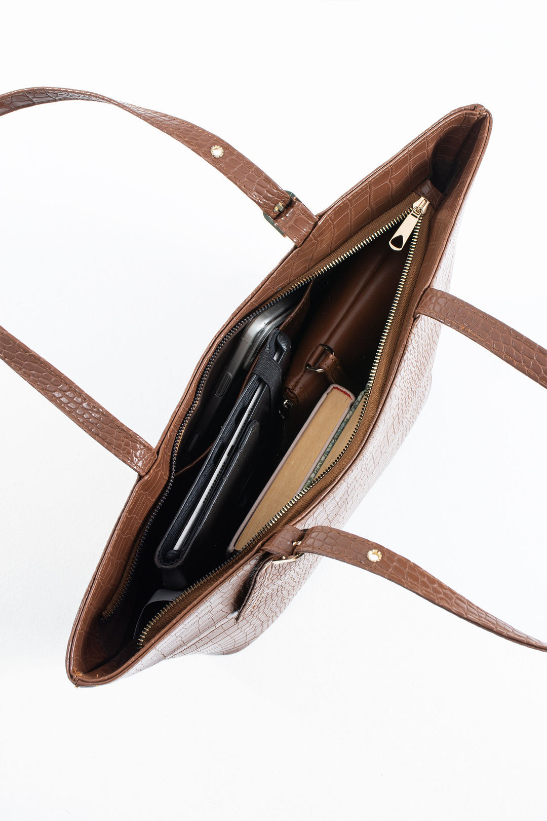 Textured  Pu Leather Tote Bag with Matching Zipper Pouch 2PCS Set - Brown