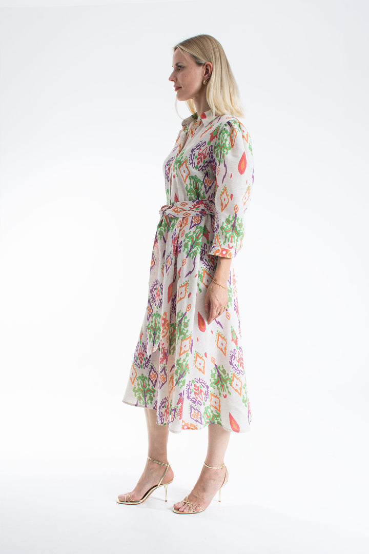 Women’s Linen Blend Ornamental Print Midi Shirt Dress - Lilac
