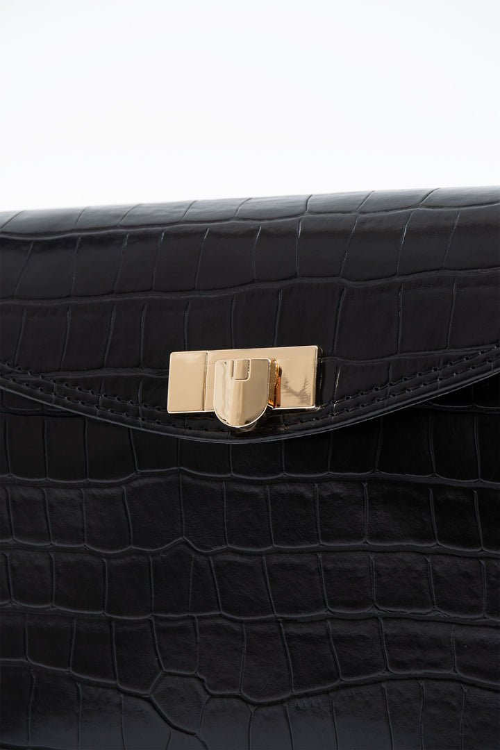 Croc Pu Flap Shoulder Bag - Black