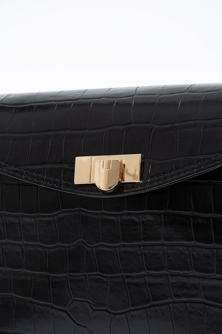 Croc Pu Flap Shoulder Bag - Black