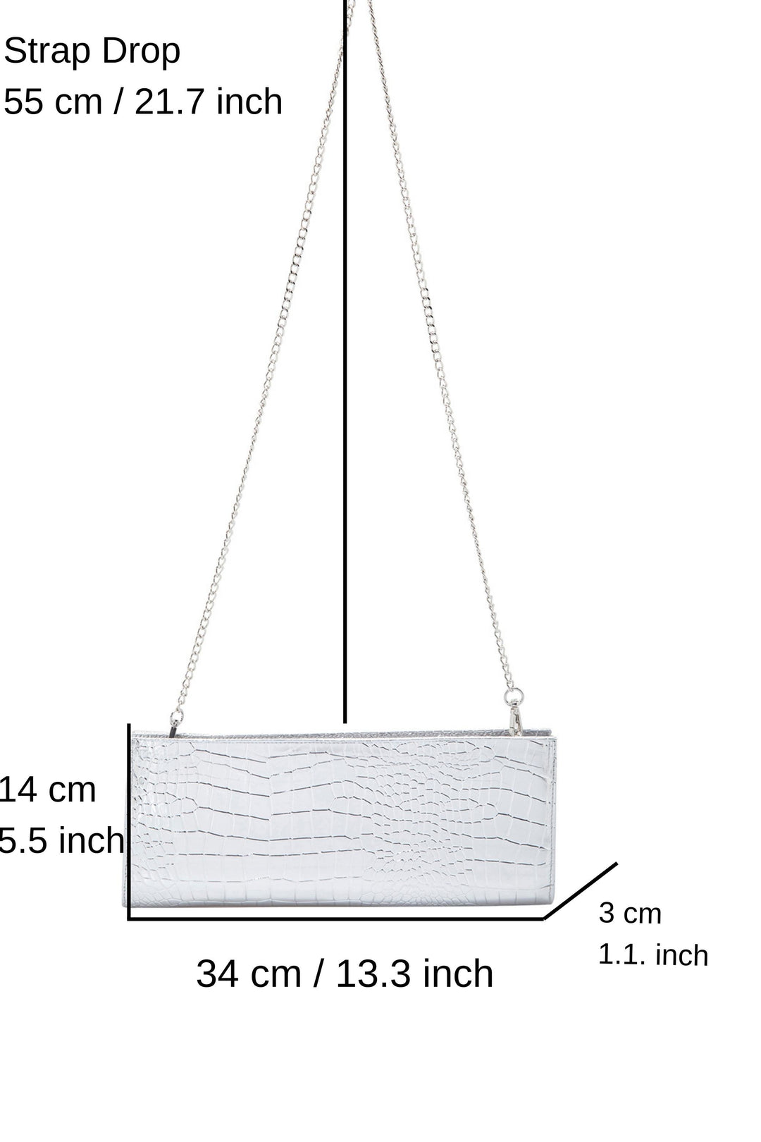 Croc Pu Leather Clutch Bag with Detachable Chain Strap - Silver