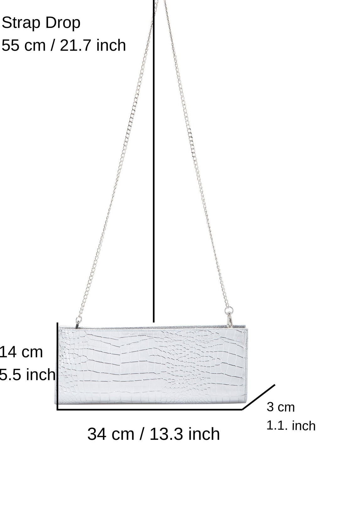 Croc Pu Leather Clutch Bag with Detachable Chain Strap - Silver