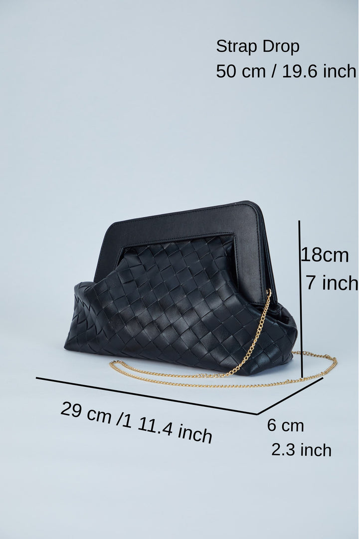 Asymmetrical  Braided Pu Leather  Clutch Bag With Detachable Strap - Black
