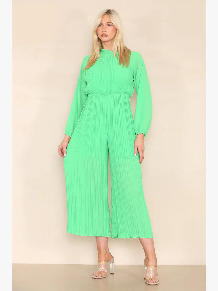 High Neck Pleated Jumpsuit with Open Bow Back - jqwholesale.com