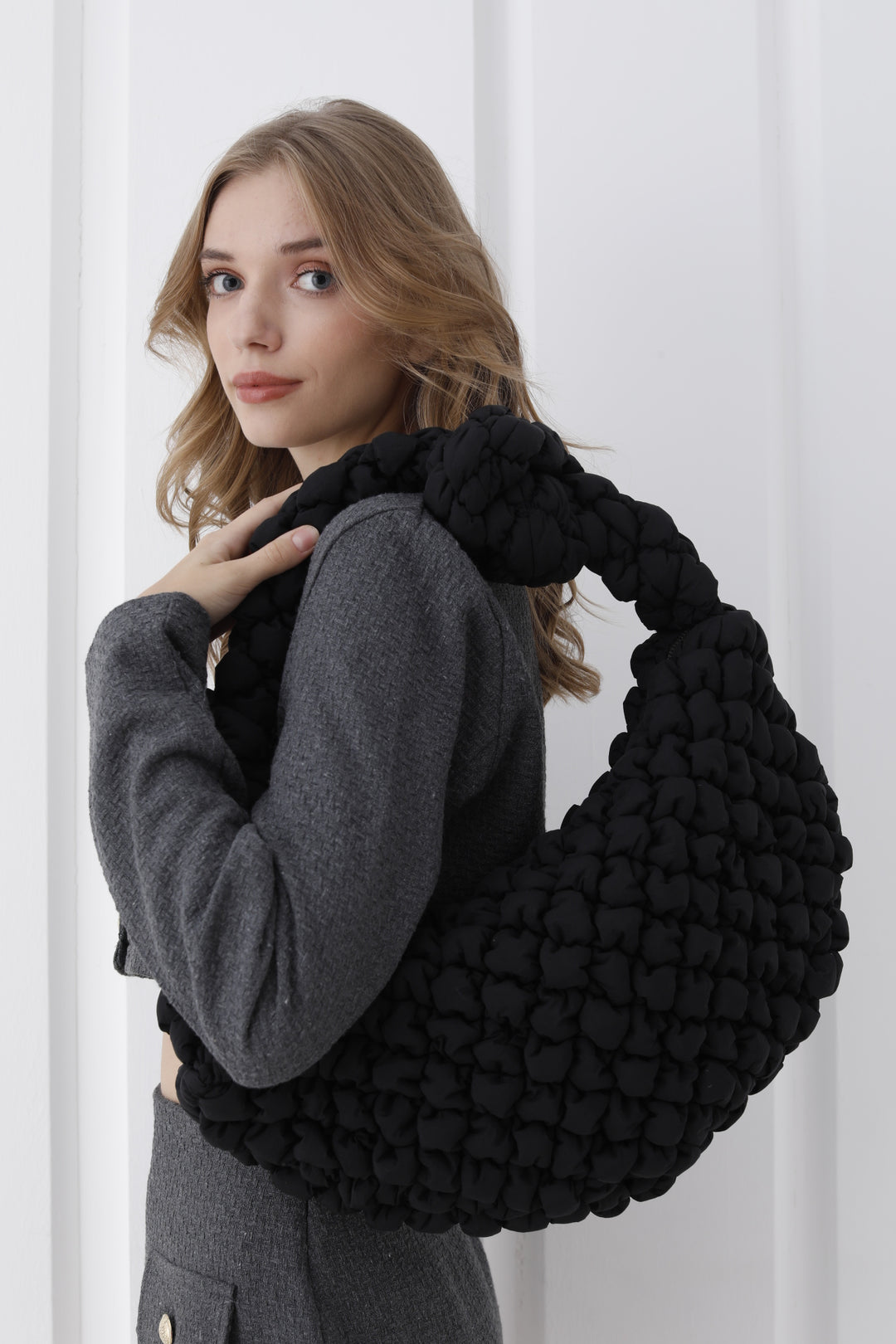 Puffy Quilted Lightweight Large Shoulder Bag - Black