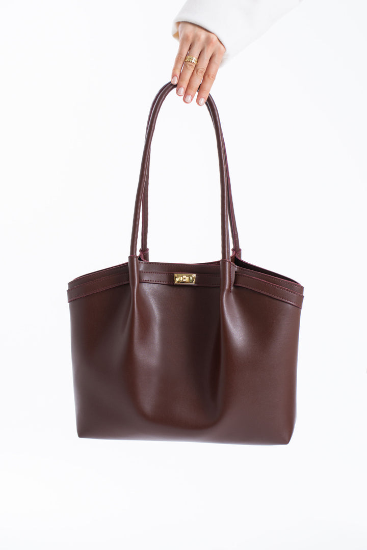 Large PU Leather Shopper Tote Bag with Matching Pouch - Burgundy