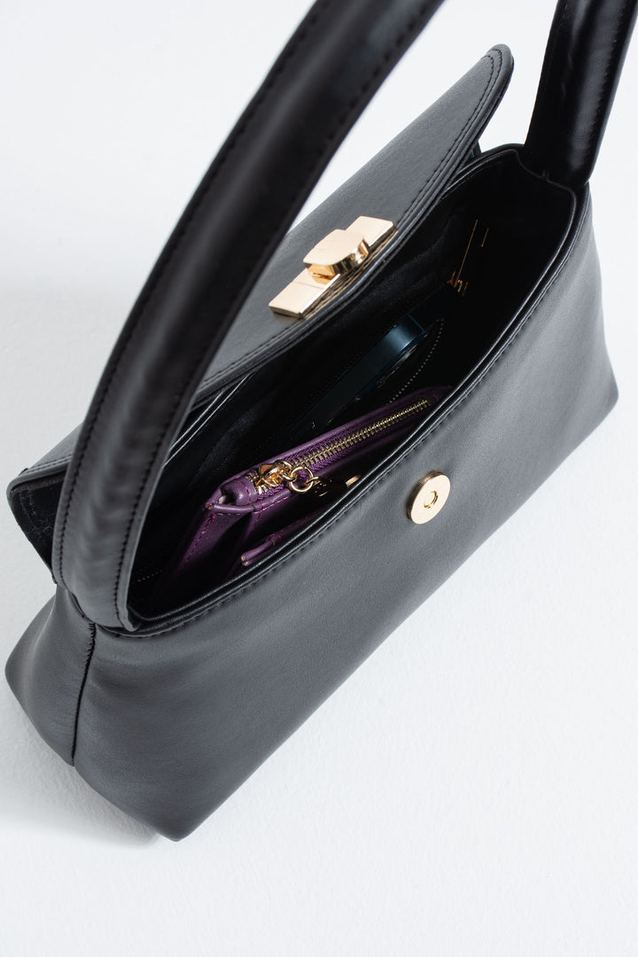 Pu Leather Flap Shoulder Bag - Black
