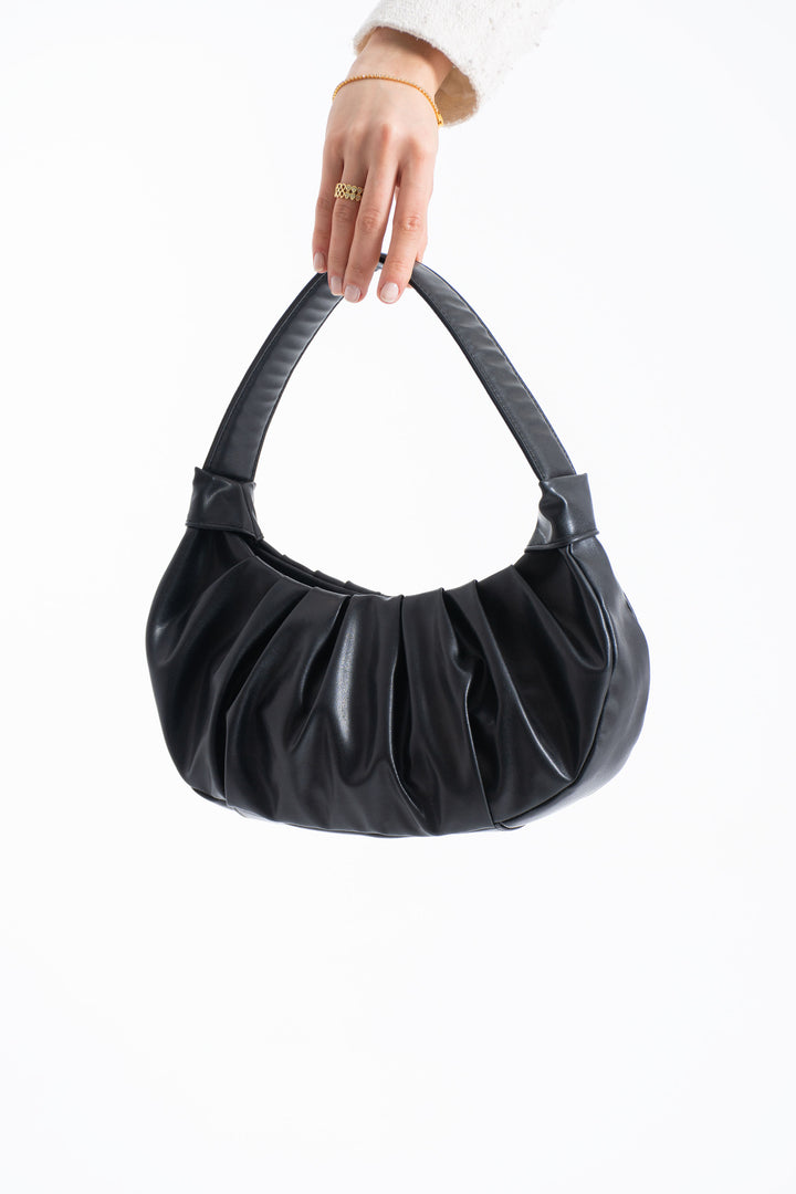 Pleated Pu Leather Shoulder Bag - Black