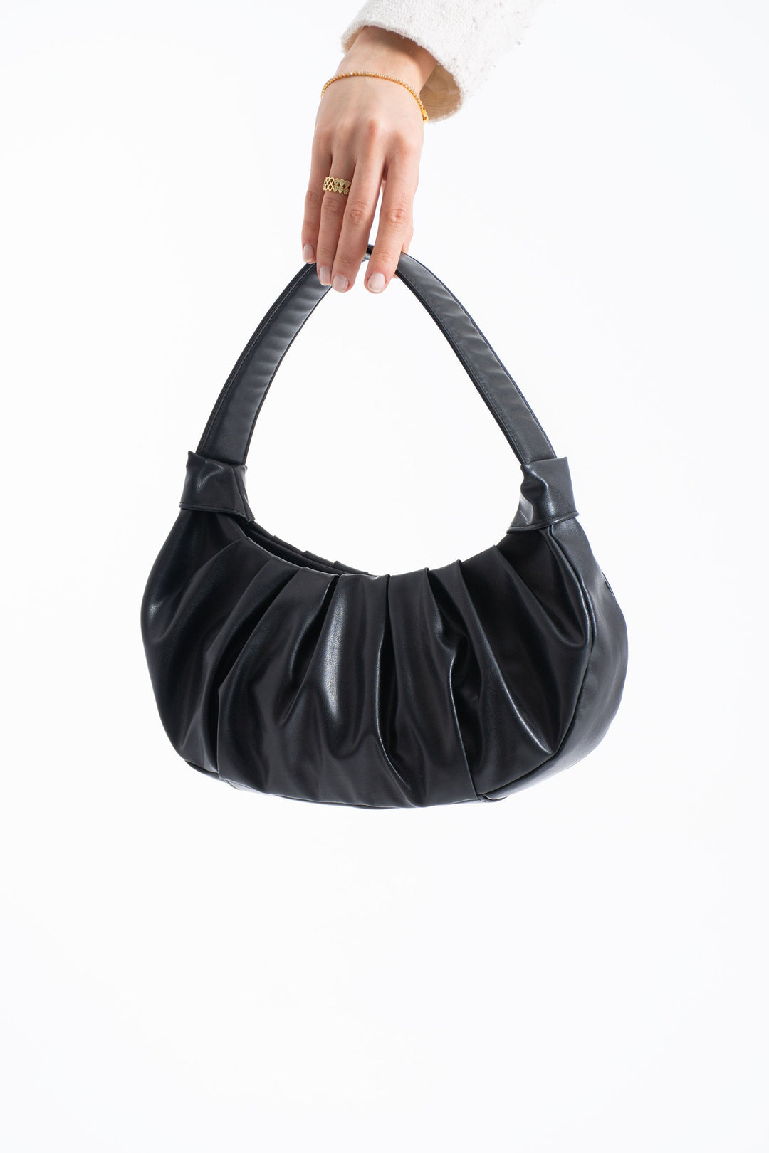 Pleated Pu Leather Shoulder Bag - Black