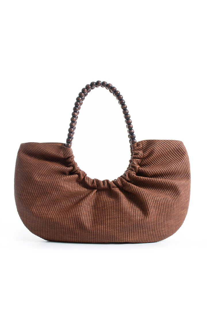 Woven PU Leather Slouchy Tote with Beaded Strap 2PCS Set - Brown