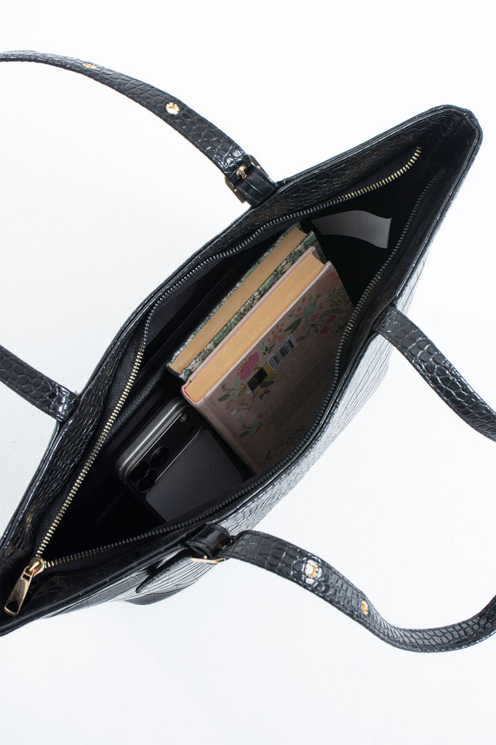 Textured  Pu Leather Tote Bag with Matching Zipper Pouch 2PCS Set - Black