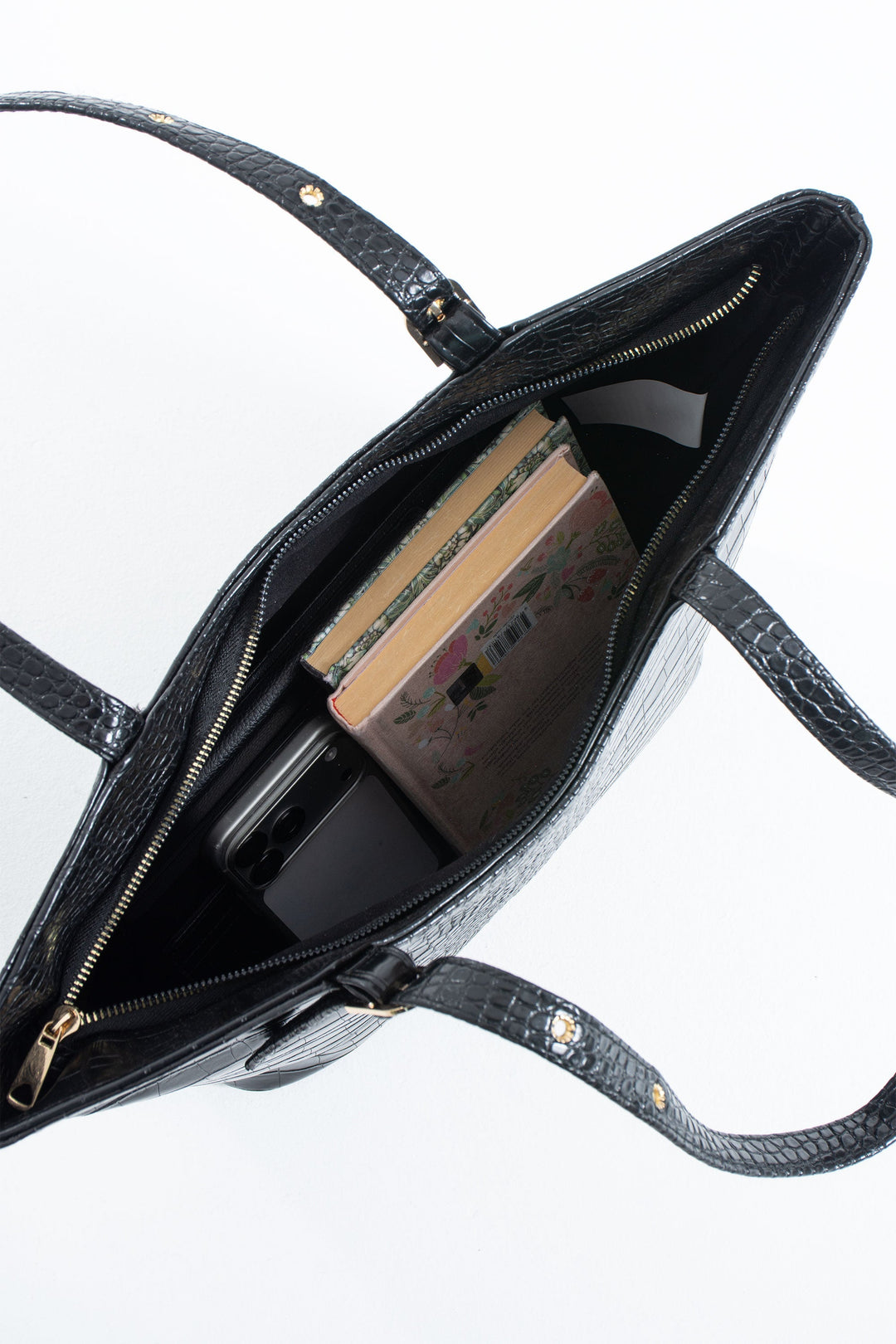 Textured  Pu Leather Tote Bag with Matching Zipper Pouch 2PCS Set - Black