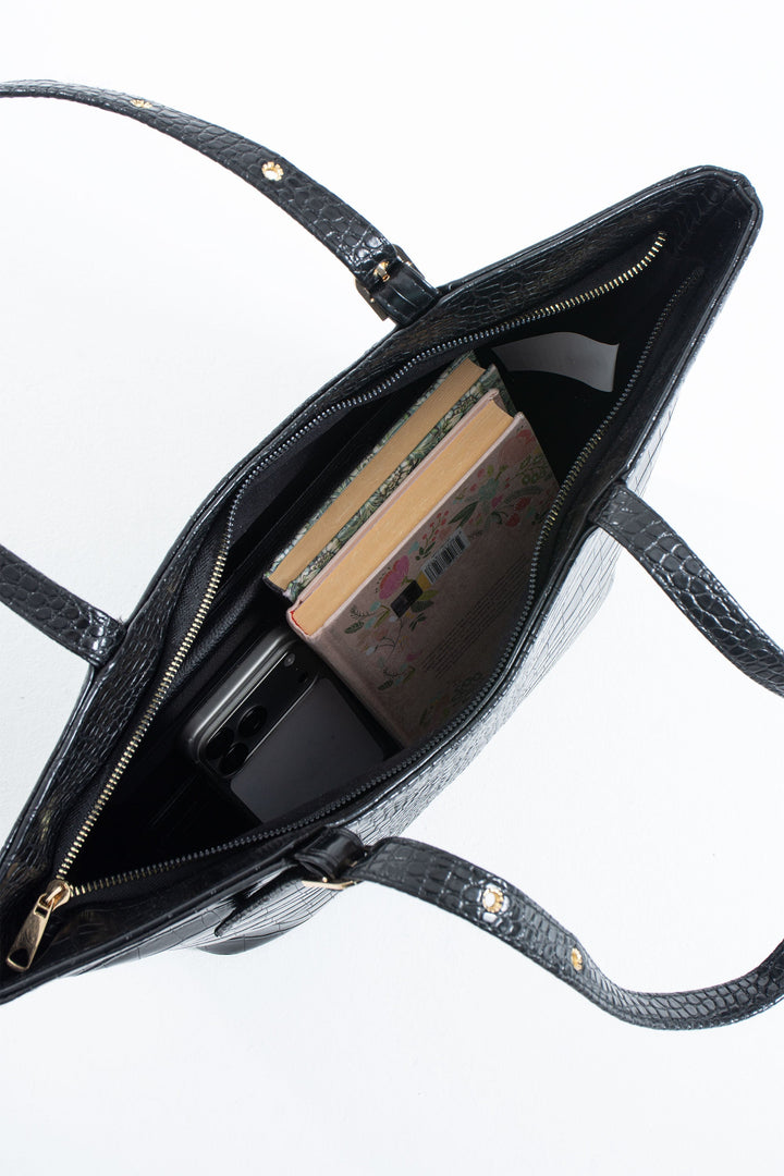 Textured  Pu Leather Tote Bag with Matching Zipper Pouch 2PCS Set - Black