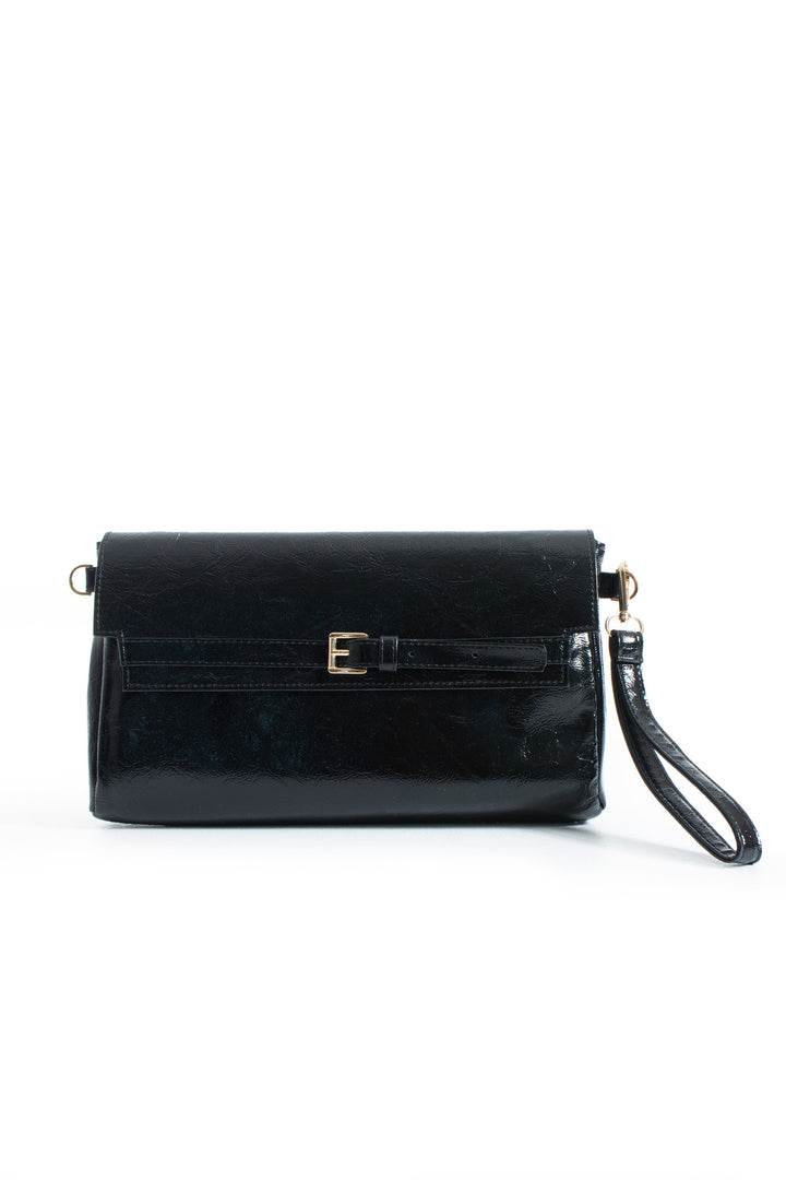 Crinkle Patent Flap Closure Wristlet & Clutc&Crossbody  3-in-1 Handbag - Black