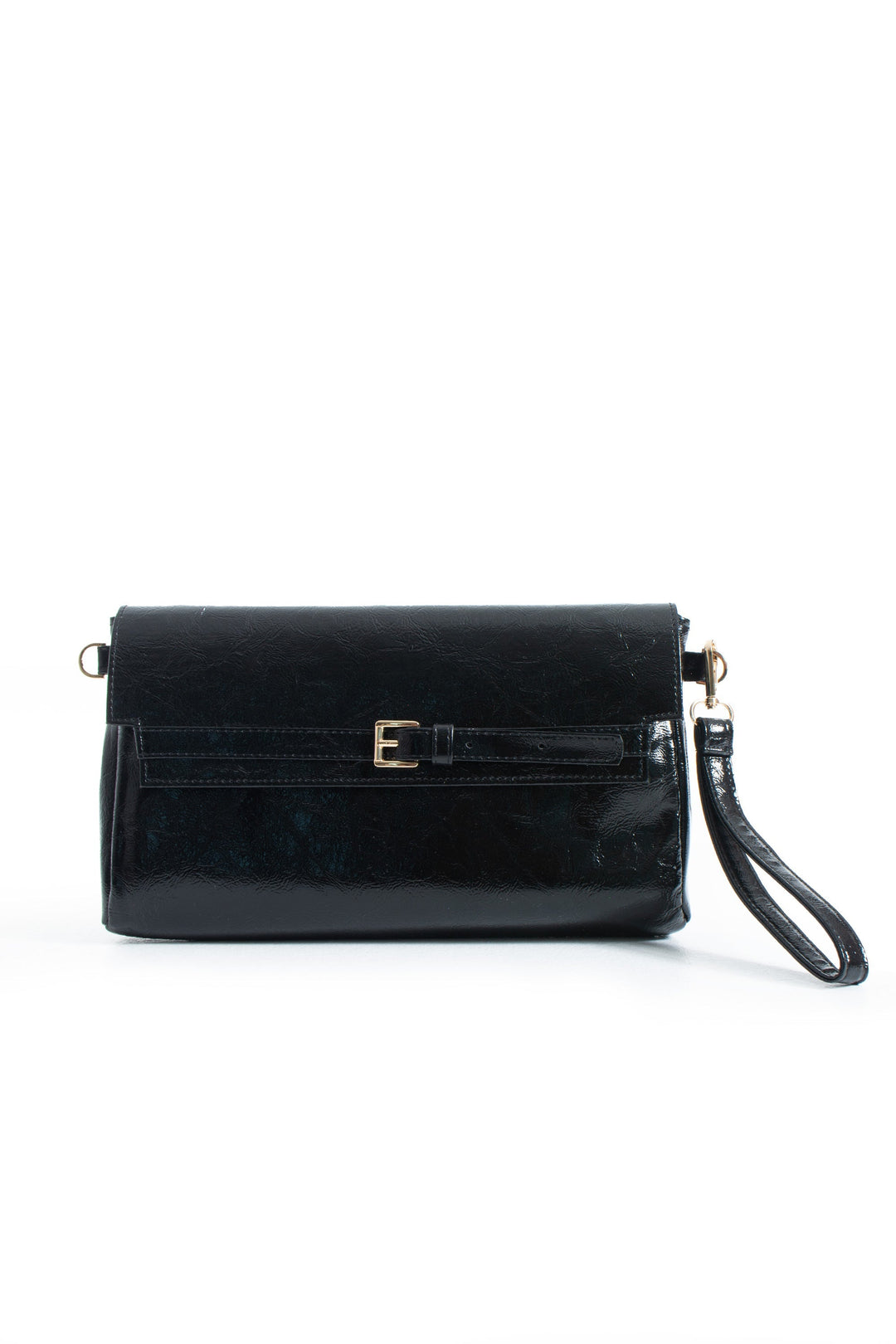 Crinkle Patent Flap Closure Wristlet & Clutc&Crossbody  3-in-1 Handbag - Black