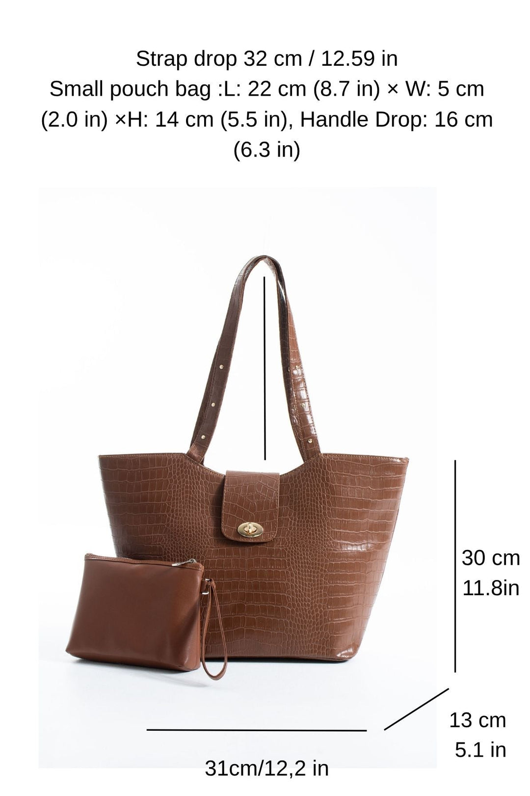 Texured Pu Leather Tote Bag with Matching Zipper Pouch 2PCS Set - Brown