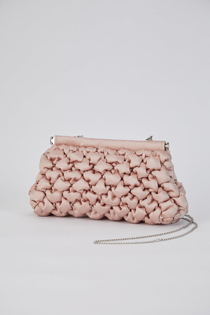 Puffy Quilted Satin Clucth Bag with Detachable Crossbody Strap - Beige