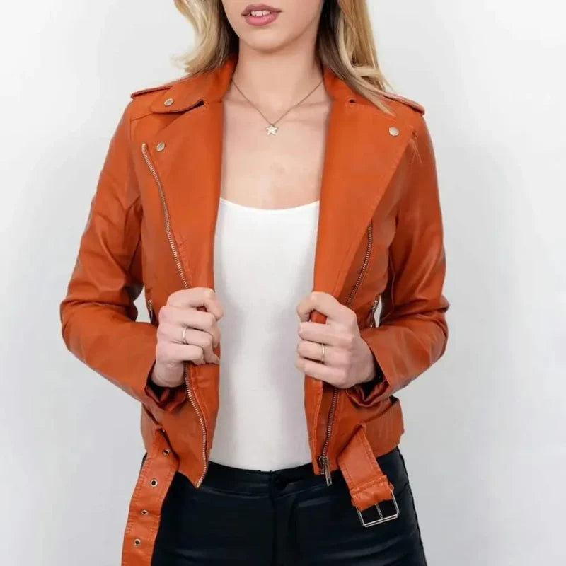 (4P.PACK) Plain Leather Look Biker Jacket – Tan