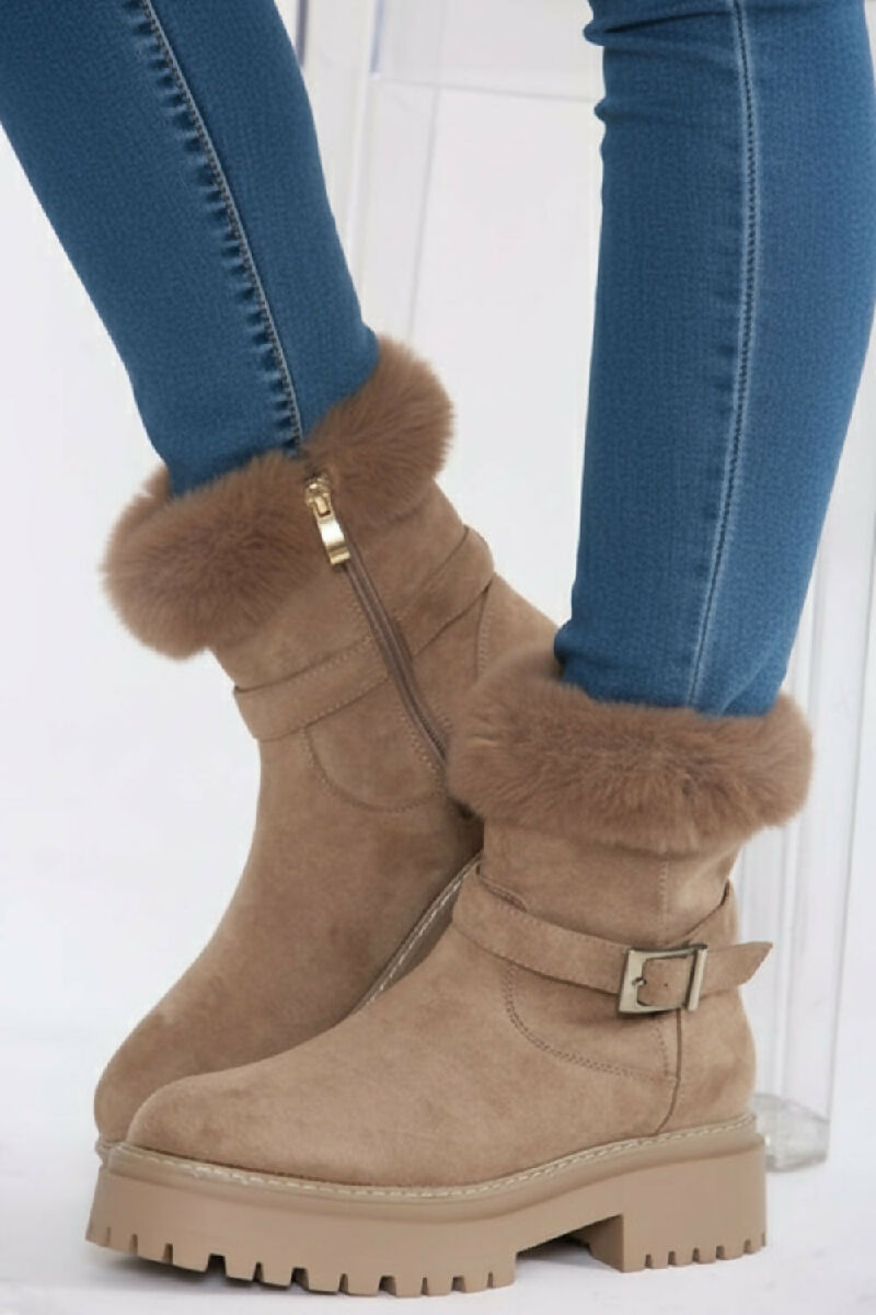 Camel Faux Fur Collar Buckle Ankle Boot (PACK OF 12 PAIRS UK3-UK8) - jqwholesale.com