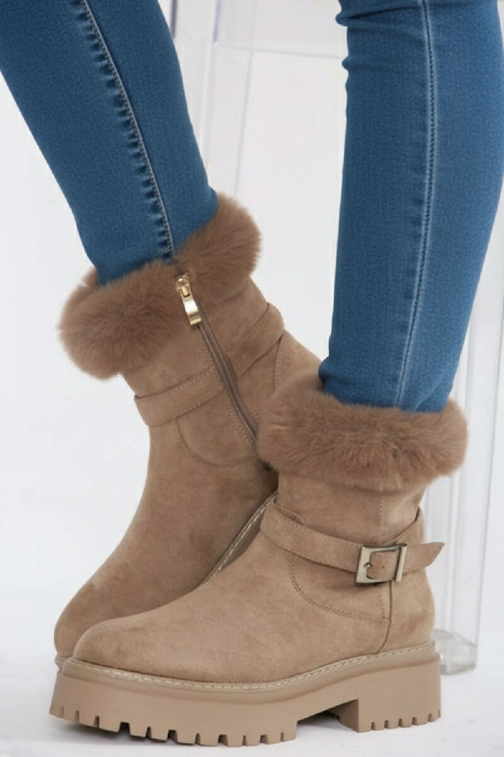 Camel Faux Fur Collar Buckle Ankle Boot (PACK OF 12 PAIRS UK3-UK8) - jqwholesale.com