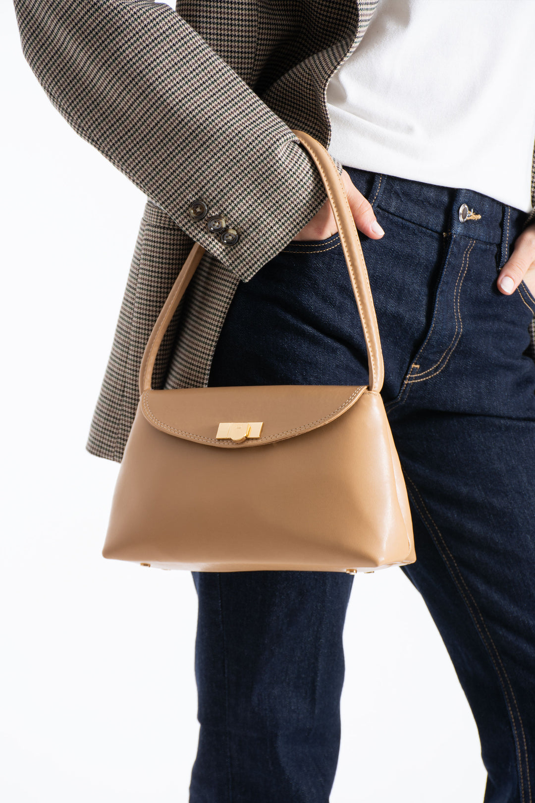 Pu Leather Flap Shoulder Bag - Nude
