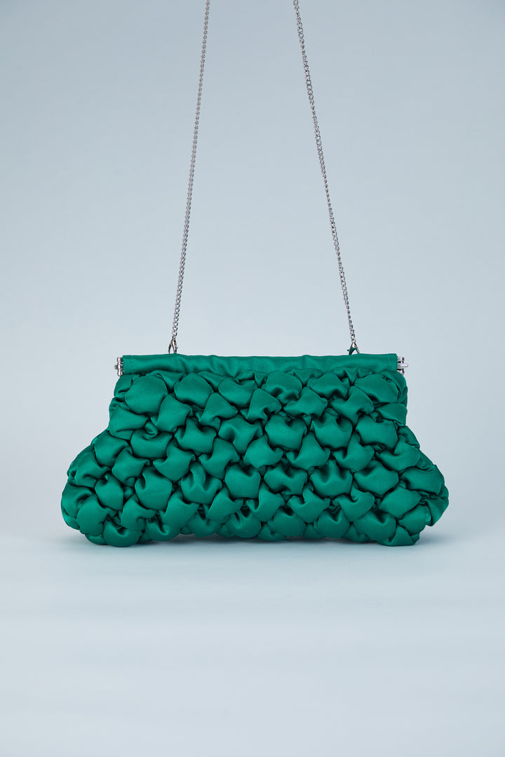 Puffy Quilted Satin Clucth Bag with Detachable Crossbody Strap - Green