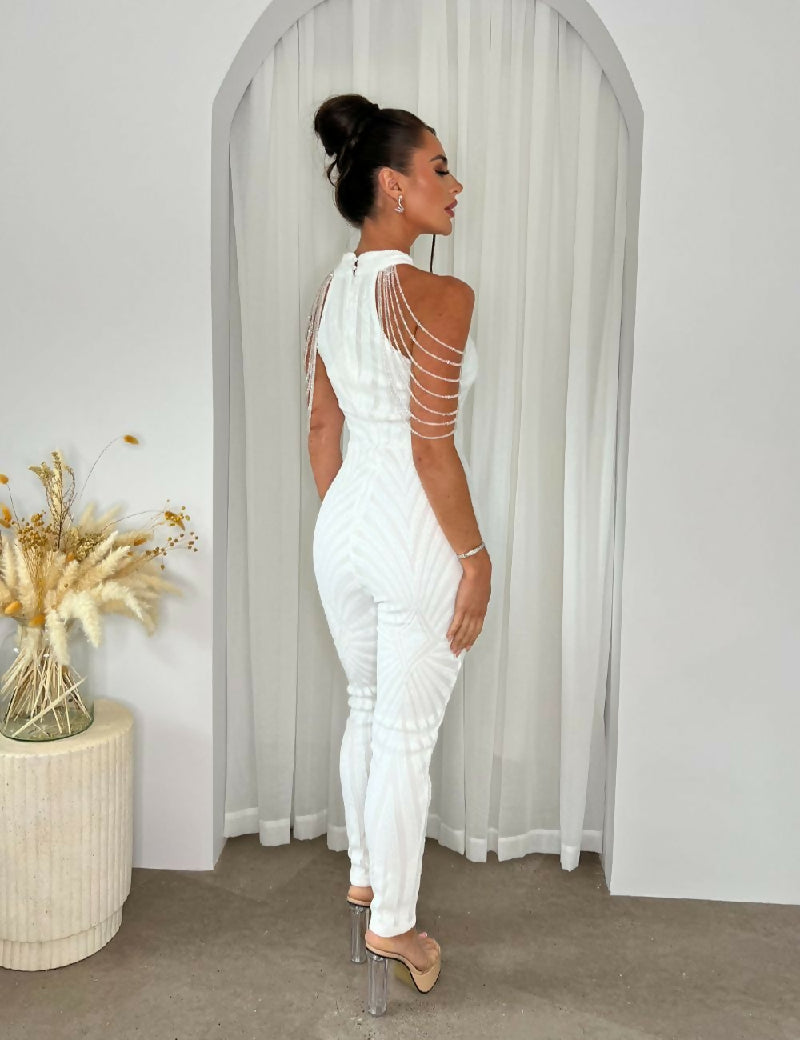 (5-6P.PACK) Shadow Luxe White High Neck Beaded Sequin Illusion Jumpsuit
