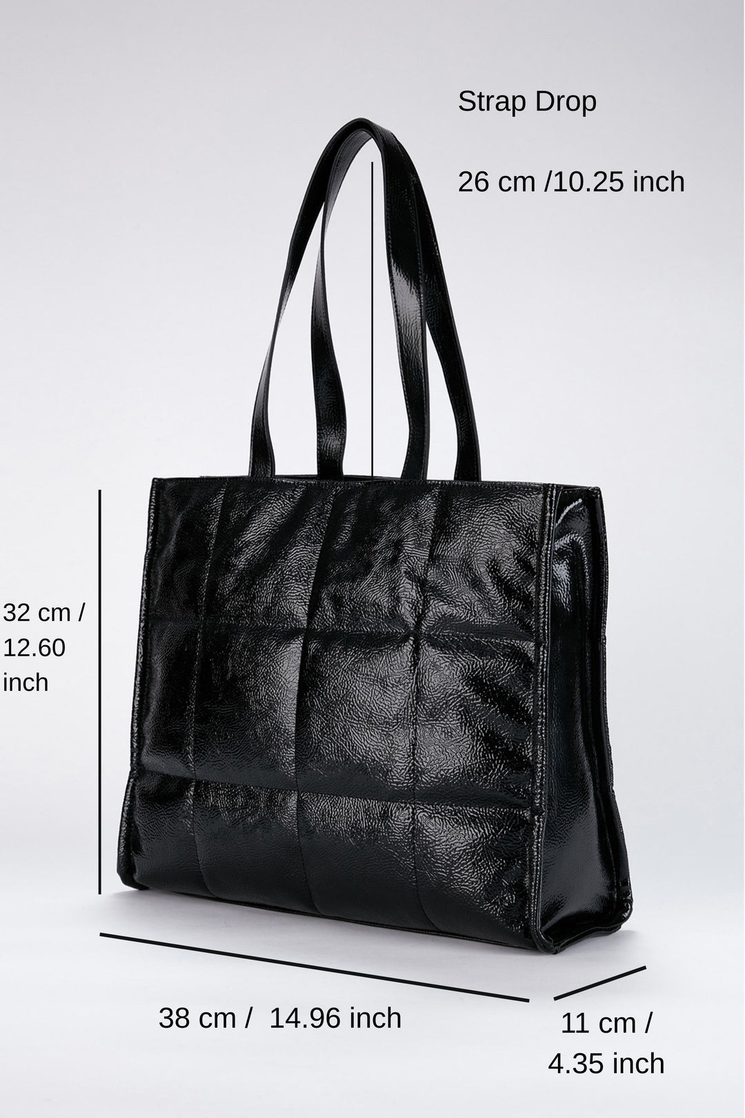 Quilted Crinkle Patent Pu Leather Tote Bag - Black