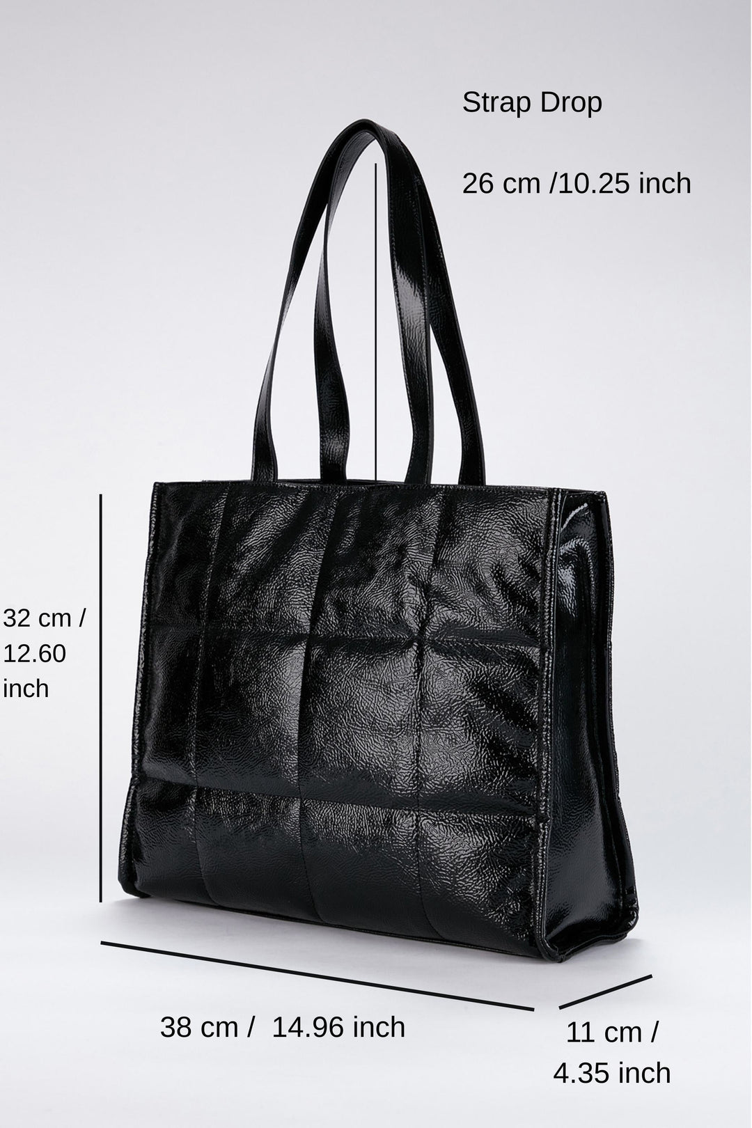 Quilted Crinkle Patent Pu Leather Tote Bag - Black