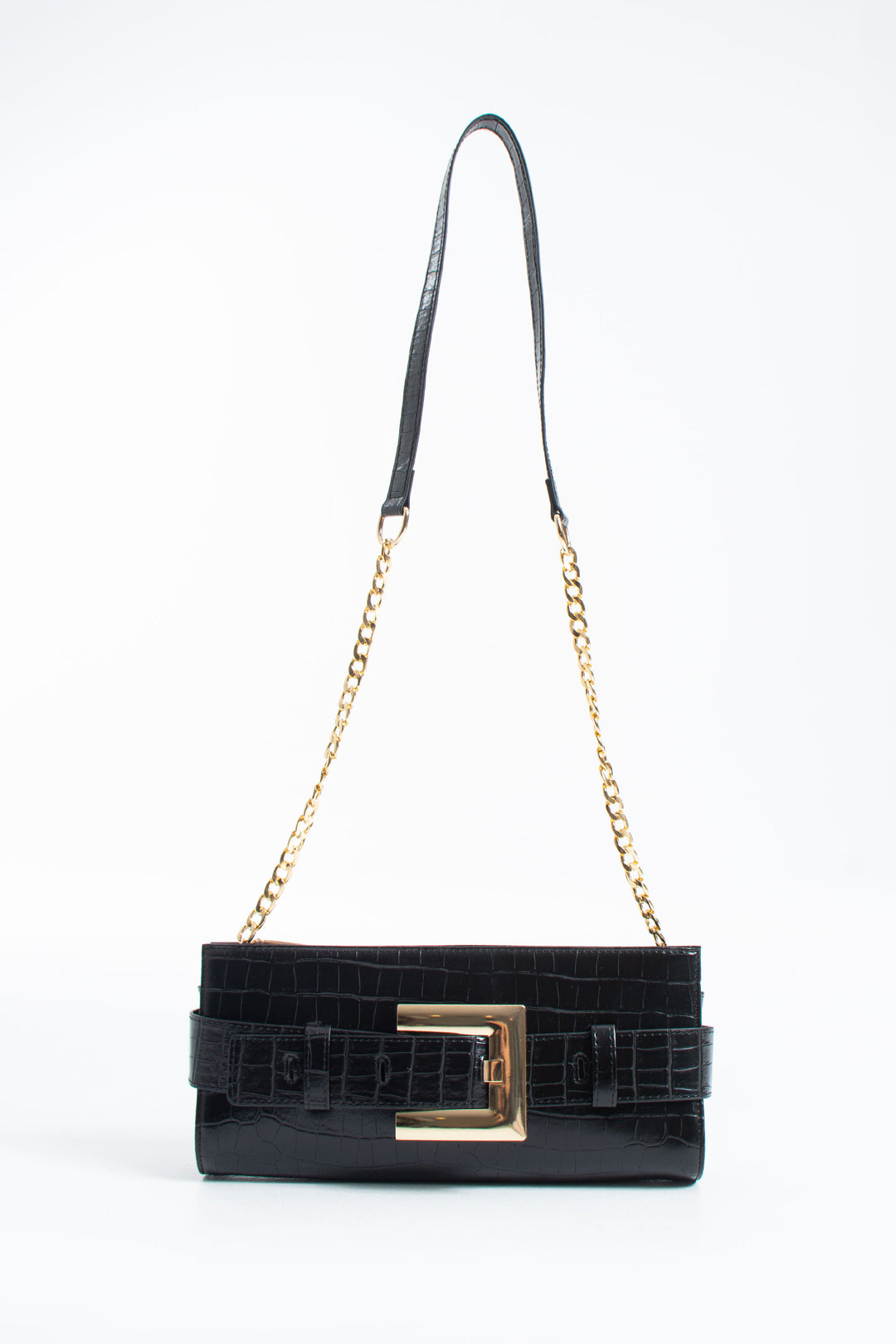 Croc PU Leather Shoulder & Clutch Bag with Large Gold Buckle - Black