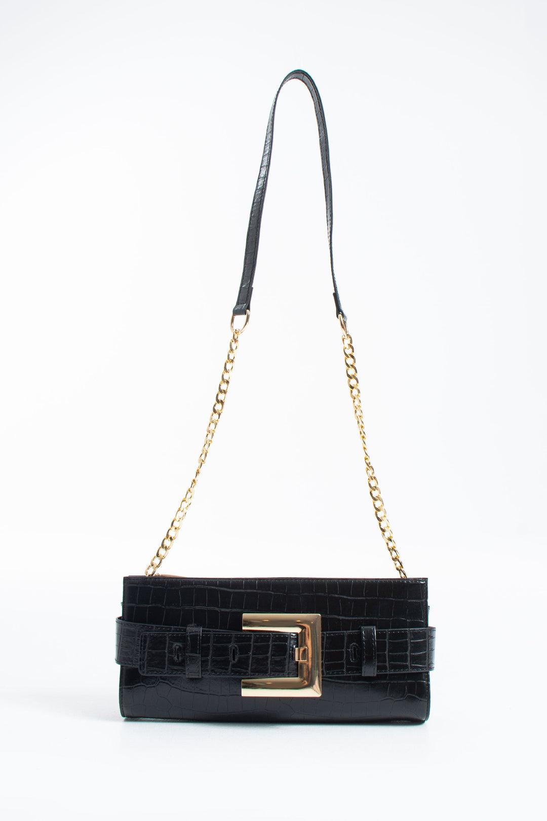 Croc PU Leather Shoulder & Clutch Bag with Large Gold Buckle - Black