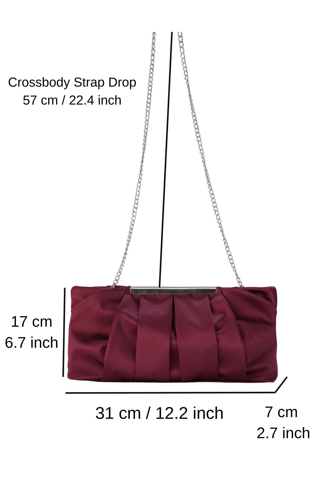 Pleated Satin Clutch Bag with Detachable Strap - Burgundy