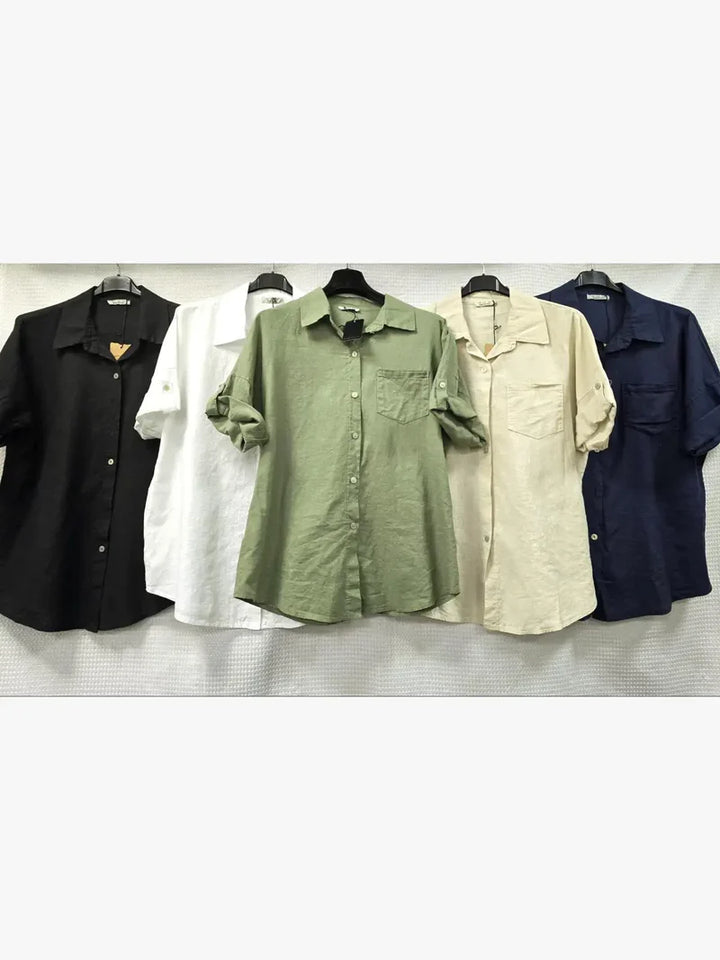 Linen Cotton Blend Turn Up Sleeve Shirt - jqwholesale.com