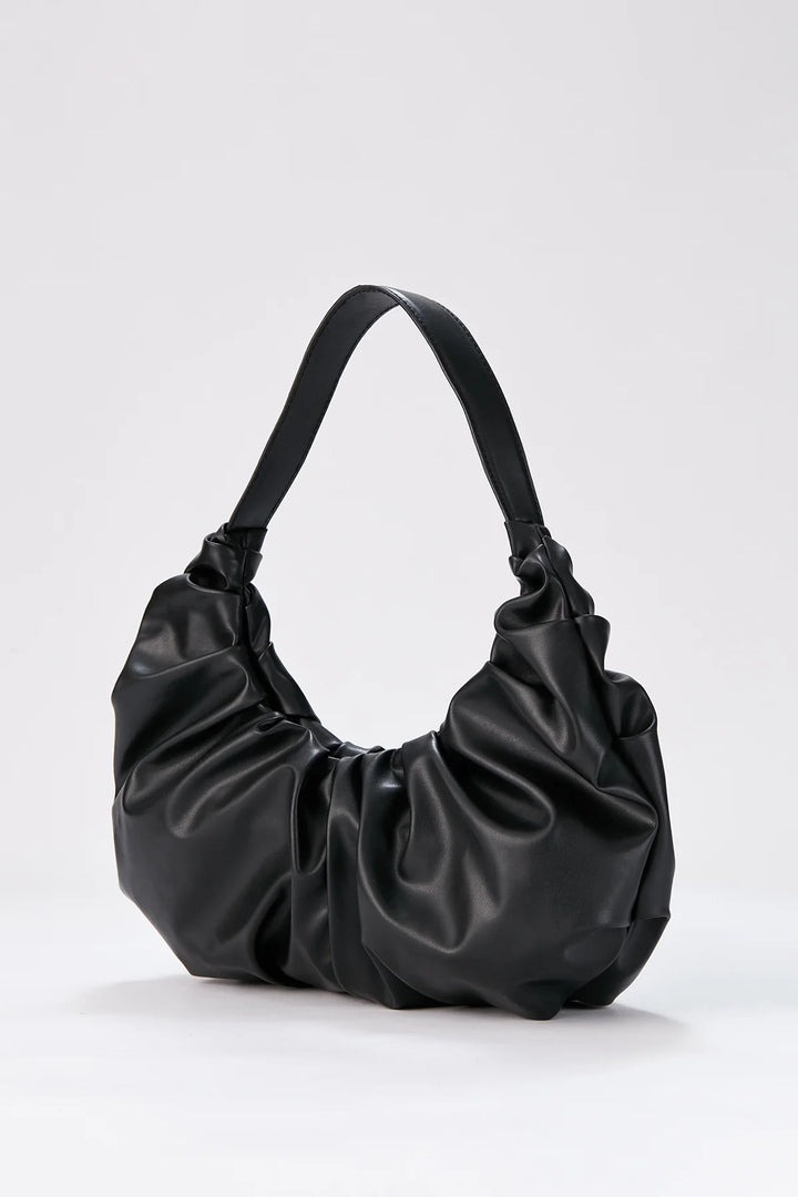 Pu Leather Pleated Shoulder Bag - Black
