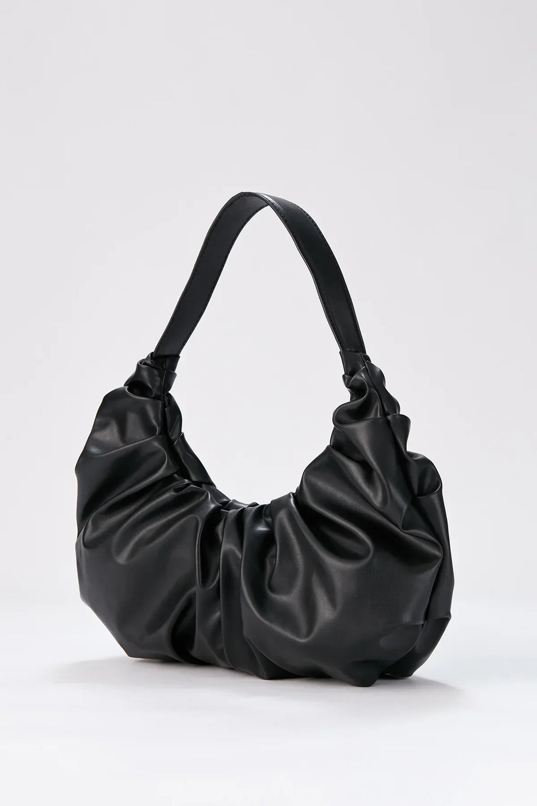 Pu Leather Pleated Shoulder Bag - Black