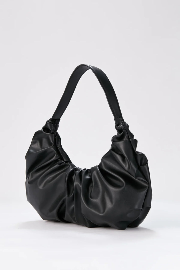 Pu Leather Pleated Shoulder Bag - Black