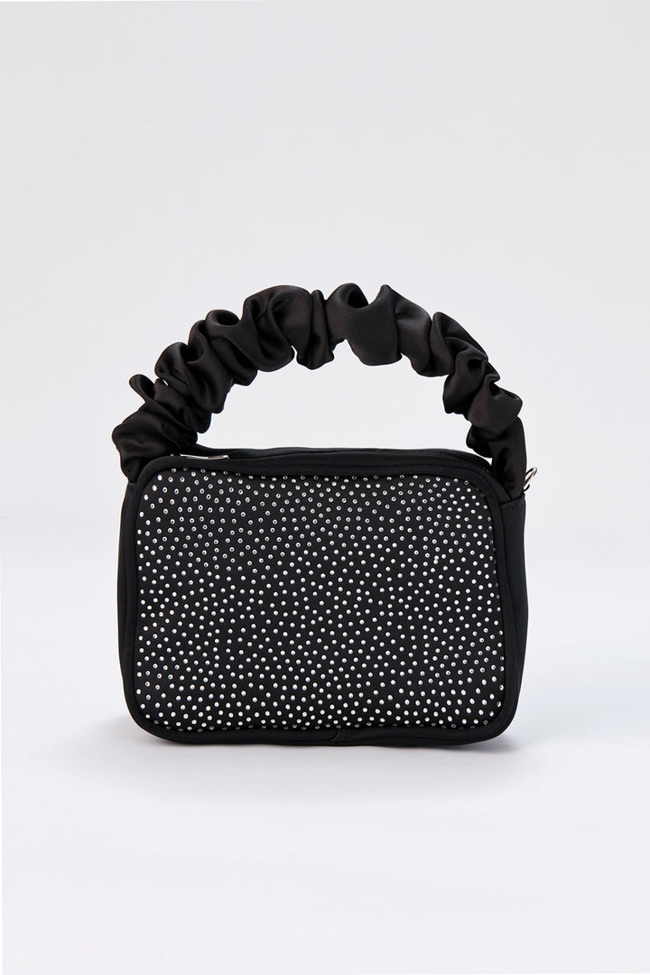 Diamente Evening Bag with Detachable Crossbody Strap - Black